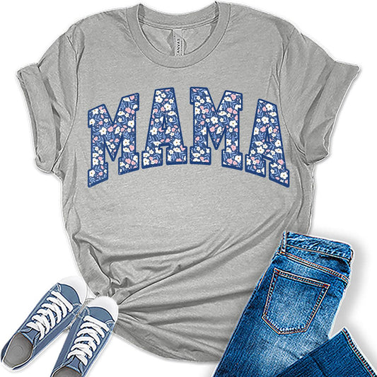 Mama Shirt Cute Floral Letter Print T Shirt Trendy Mom Graphic Tees for Women Plus Size Tops