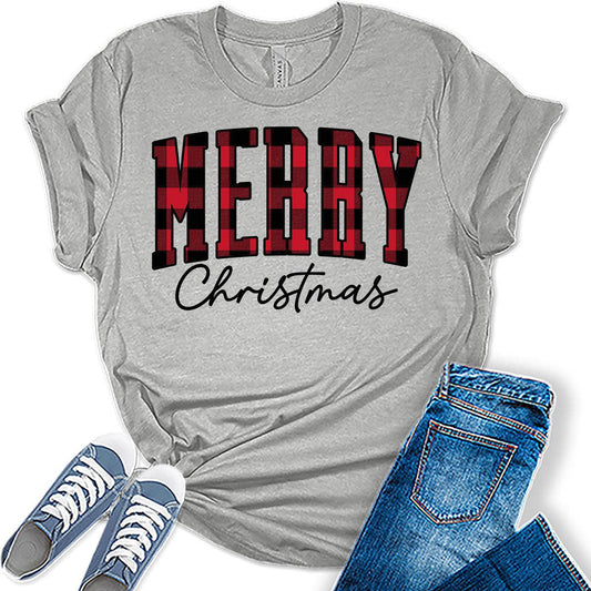 Merry Christmas Shirts for Women Letter Print Tshirts Buffalo Plaid Graphic Tees