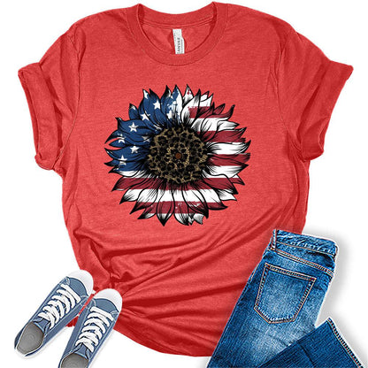 Womens 4th of July Shirts Patriotic American Flag Floral Heart Tshirts Bella Sunflower Short Sleeve Summer Graphic Tees