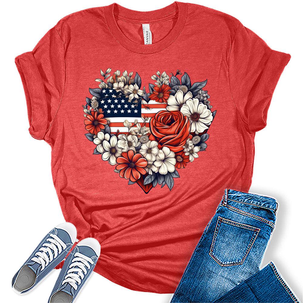 Womens 4th of July Shirts Patriotic American Flag Floral Heart Tshirts Bella Sunflower Short Sleeve Summer Graphic Tees