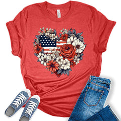 Womens 4th of July American Flag Floral Heart Short Sleeve Casual Graphic Tops