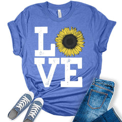 Womens Sunflower Casual Ladies Cute Floral Love Graphic Tees Spring Short Sleeve Plus Size Summer Tops For Women
