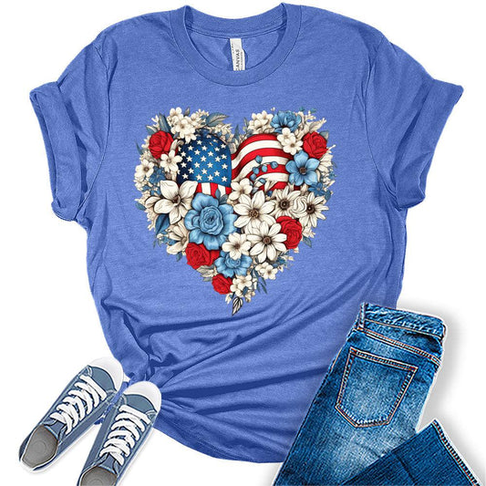 Womens 4th of July Shirts Patriotic American Flag Floral Heart Tshirts Bella Sunflower Short Sleeve Summer Graphic Tees