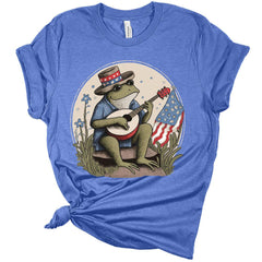 Womens 4th of July Frog Playing Music Patriotic Tshirts USA Short Sleeve Casual Graphic Tops