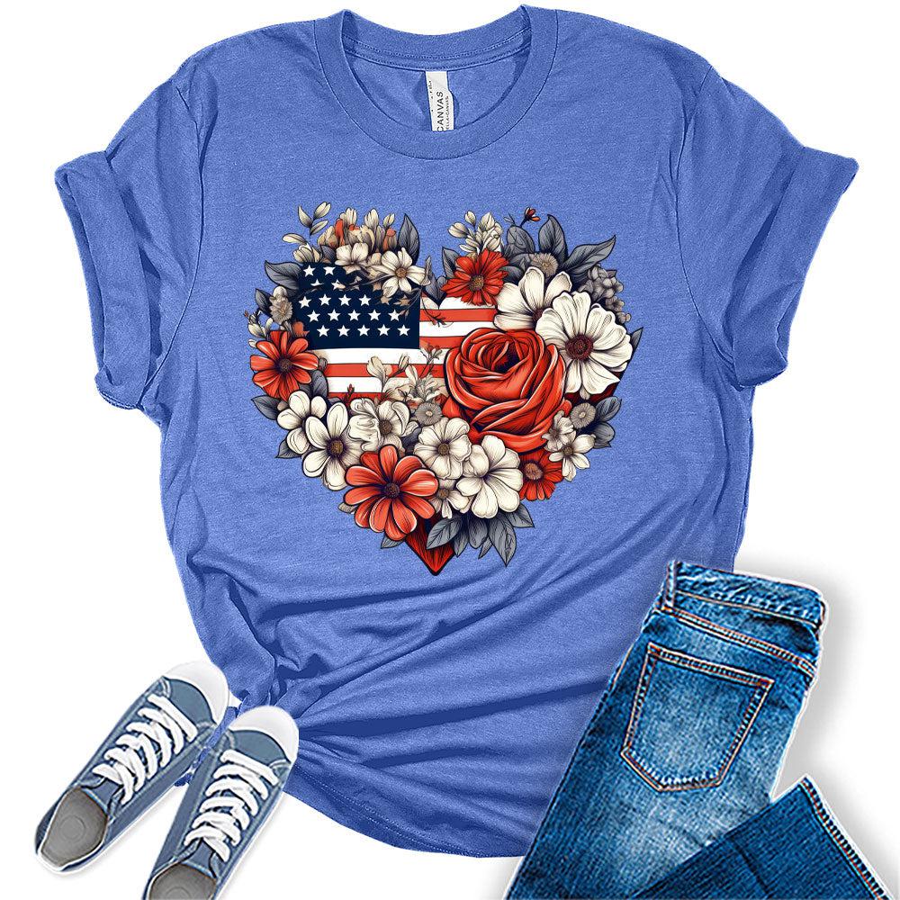 Womens 4th of July American Flag Floral Heart Short Sleeve Casual Graphic Tops