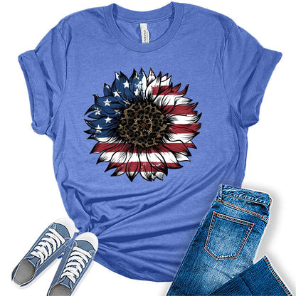 Womens 4th of July Shirts Patriotic American Flag Floral Heart Tshirts Bella Sunflower Short Sleeve Summer Graphic Tees