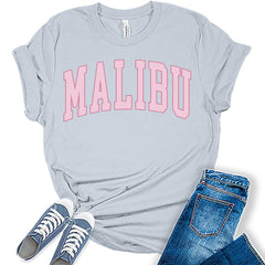 Preppy Varsity Pink Malibu California T-Shirt Girls Letter Print Tops For Women