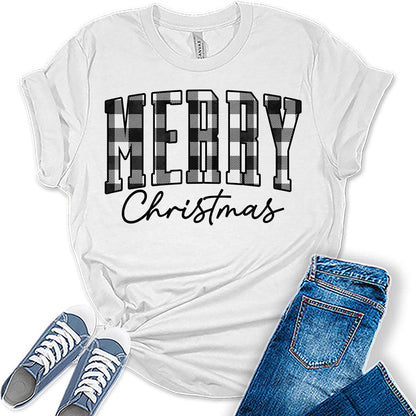 Merry Christmas Shirts for Women Letter Print Tshirts Buffalo Plaid Graphic Tees