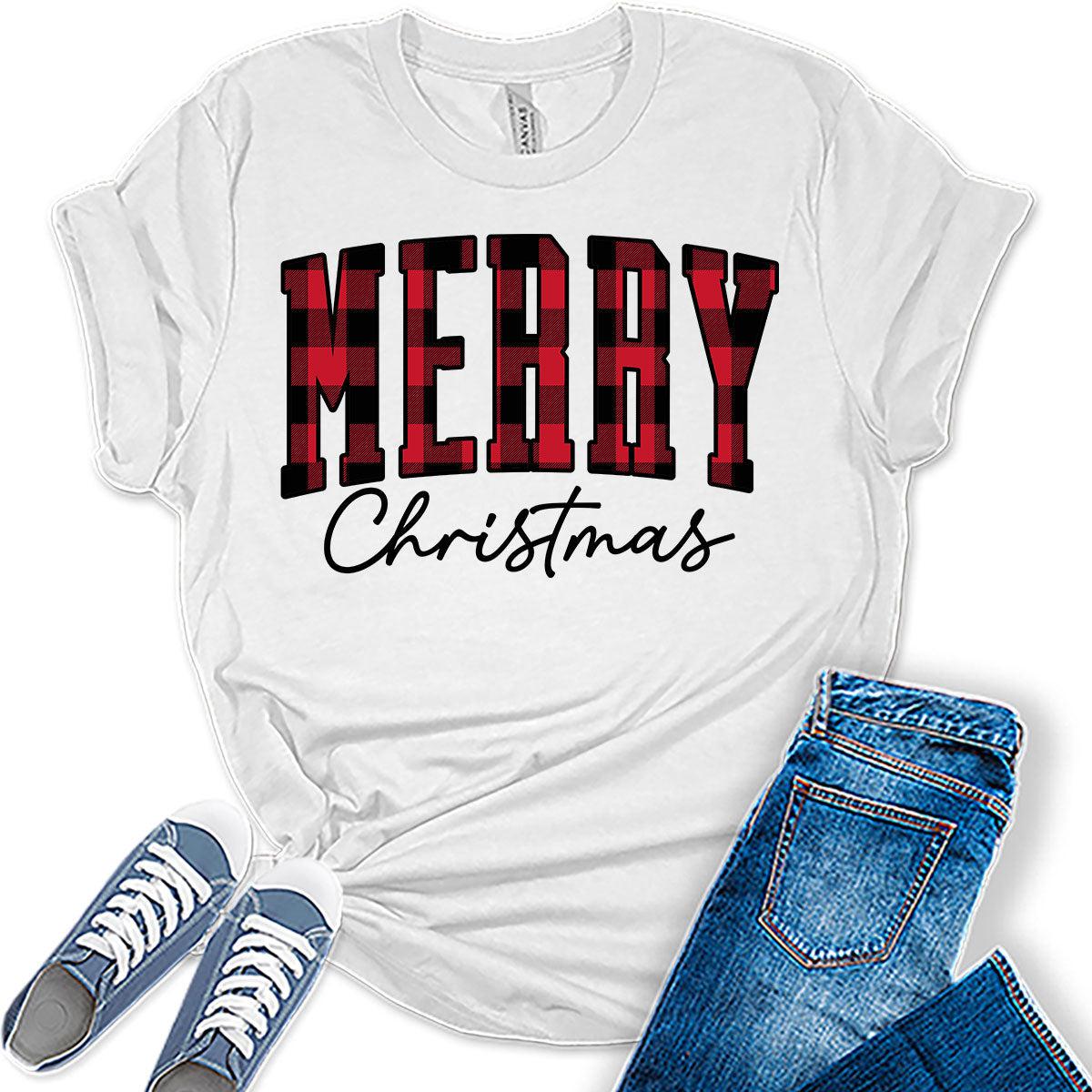 Merry Christmas Shirts for Women Letter Print Tshirts Buffalo Plaid Graphic Tees