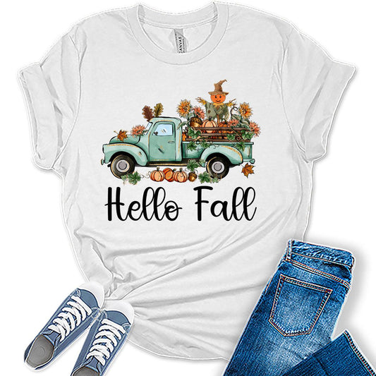 Hello Fall T-Shirt Womens Graphic Tees Vintage Fall Shirts Western Girls Vintage Halloween Thanksgiving Tops