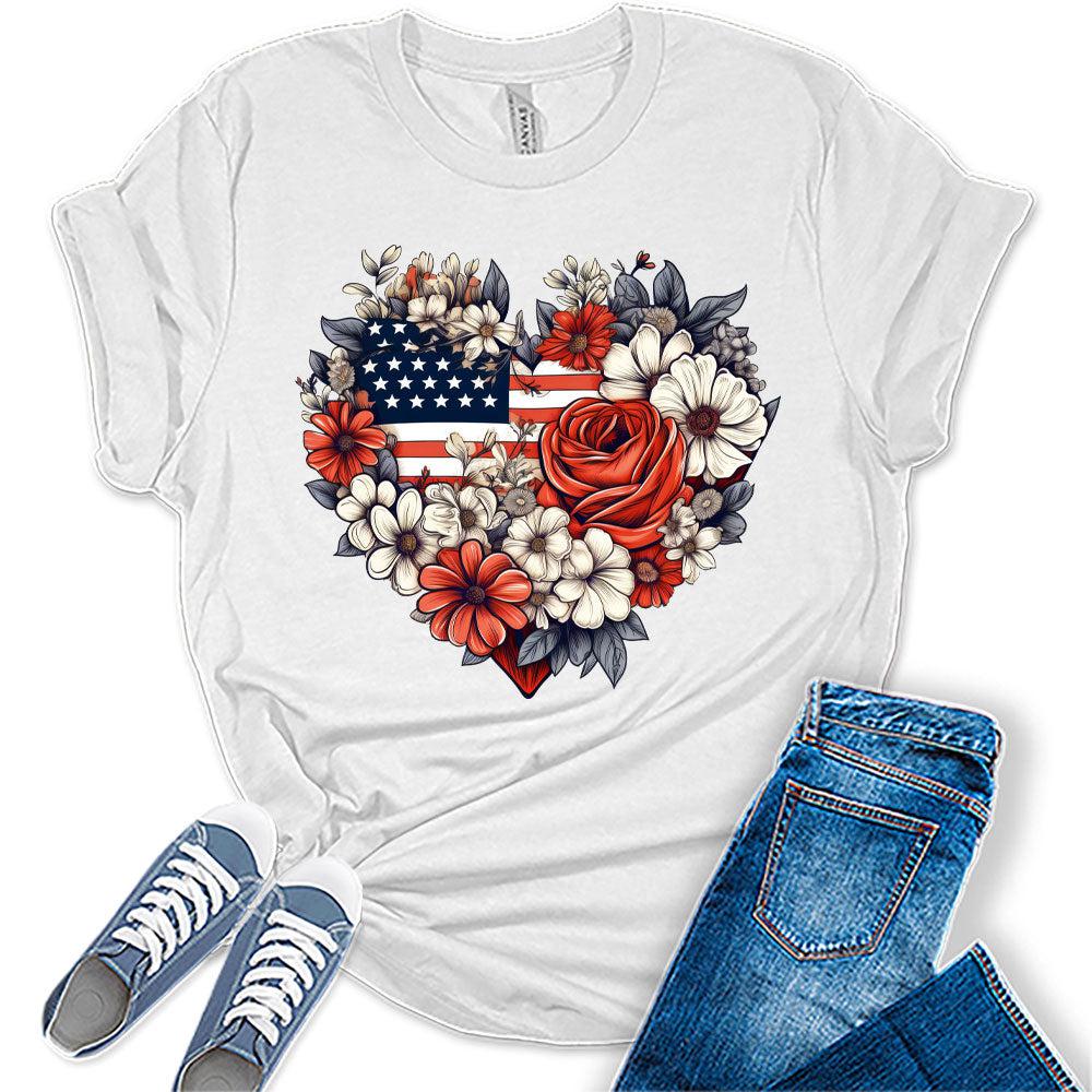 Womens 4th of July Shirts Patriotic American Flag Floral Heart Tshirts Bella Sunflower Short Sleeve Summer Graphic Tees