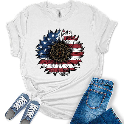 Womens 4th of July Shirts Patriotic American Flag Floral Heart Tshirts Bella Sunflower Short Sleeve Summer Graphic Tees