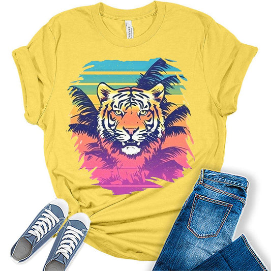 Trendy Tiger Shirts for Women Retro Groovy Graphic Tshirt Summer Tees Tops