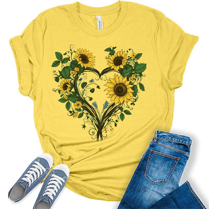 Women's Graphic Sunflower Vine Heart T Shirt Summer Bella Top Casual Plus Size Tee