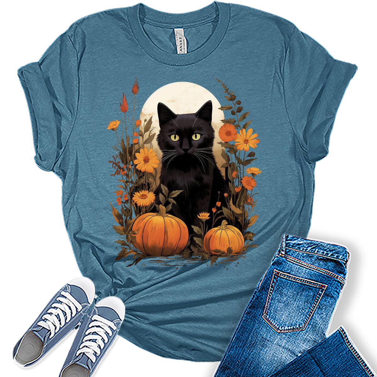 Womens Fall Floral Black Cat Pumpkin Graphic Tee