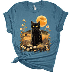 Womens Black Cat Floral Scene T Shirt