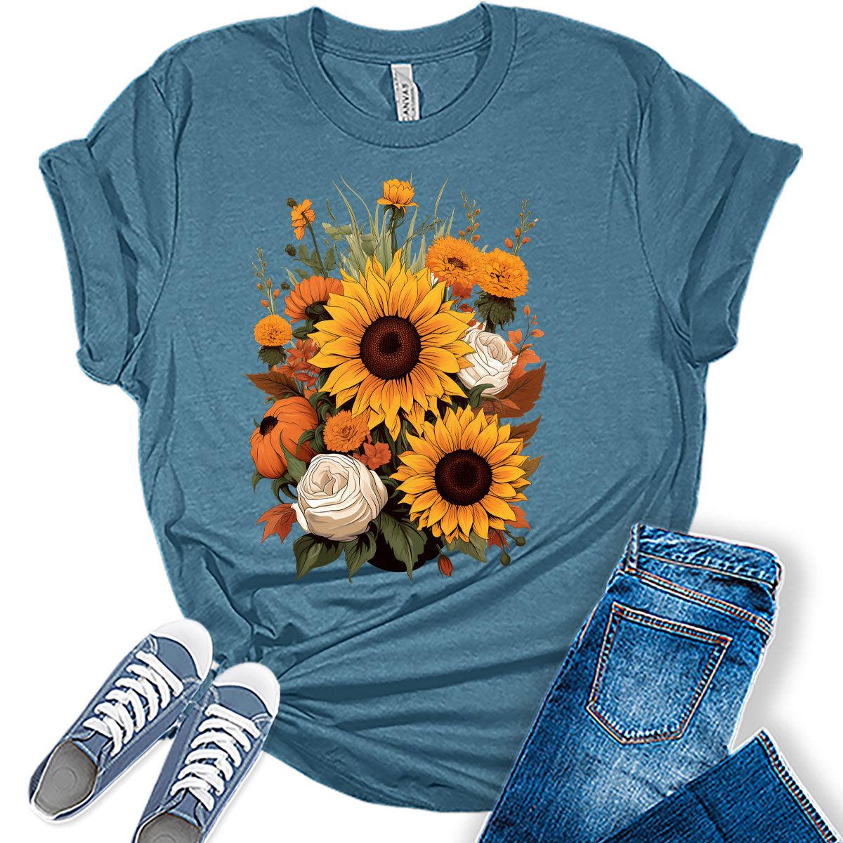 Womens Fall Vintage Tops Sunflower Tshirt Cottagecore Floral Graphic Tee Autumn Shirts