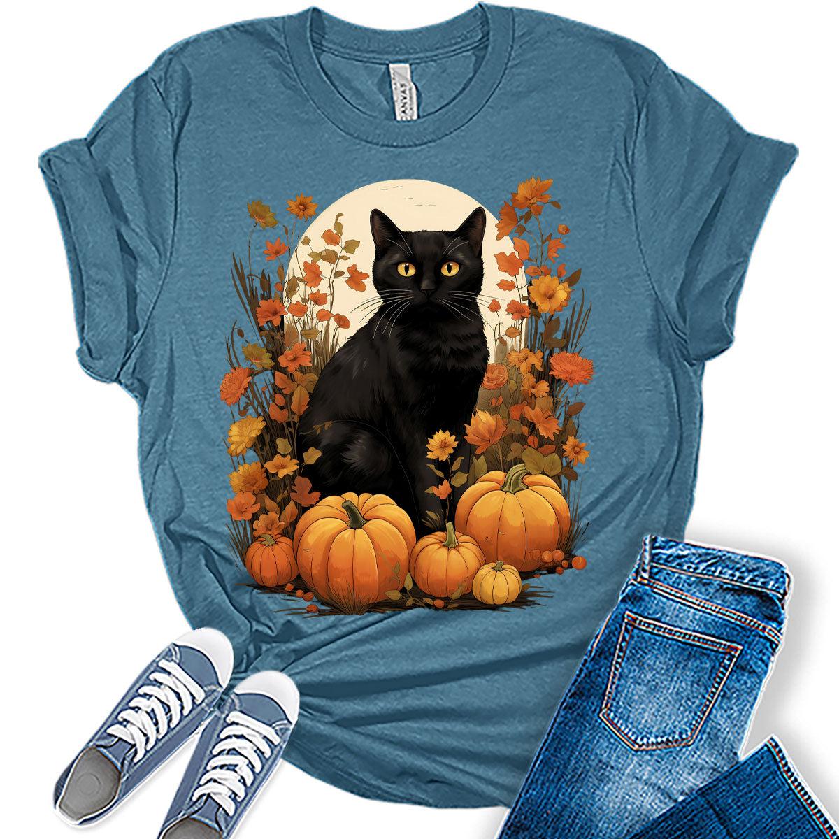 Pumpkin Cat Halloween Shirts for Women Fall Novelty Tshirt Graphic Casual Vintage Athletic Girls Tops