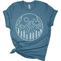 Womens Hiking Mountain Shirt Camping Nature Sunrise Pine Tree Tops Short Sleeve Regular Fit Graphic Tees