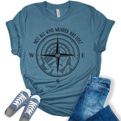 Womens Not All Who Wander Are Lost T-Shirt Camping Hiking Tops Short Sleeve Regular Fit Graphic Tees