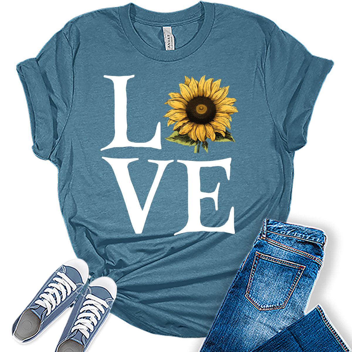 Womens Sunflower Shirt Casual Ladies Cute Floral Graphic Love Tees Short Sleeve Plus Size Tops For Women