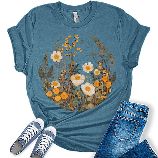 Womens Floral Shirts Trendy Wildflower Vintage Graphic Tees Spring Short Sleeve T Shirts Bella Summer Tops