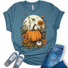 Womens Fall Tops Pumpkin Vintage Flowers Tshirt Cottagecore Girls Graphic Tee Halloween Shirts