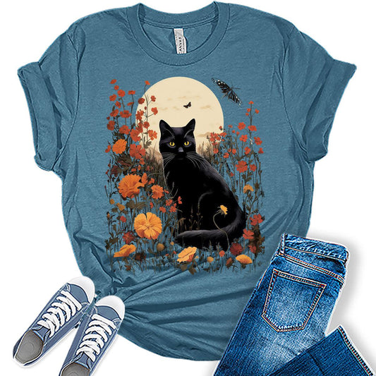 Cottagecore Shirt Vintage Cat Tshirts Floral Moon Fall Graphic Tees for Women