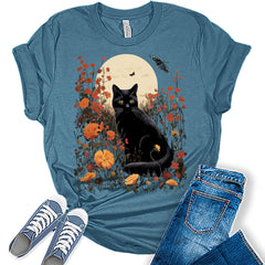 Womens Cat Shirt Trendy Wildflower Shirts Fall Short Sleeve T Shirts Plus Size Graphic Tops
