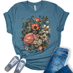 Women's Floral Print Butterfly Graphic T-Shirt