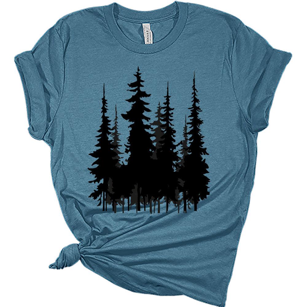 Womens Trendy Graphic Skinny Black Pine Trees Shirt Summer Hiking Camping Athletic Tees Nature Casual Comfy Clothes
