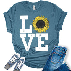 Womens Sunflower Casual Ladies Cute Floral Love Graphic Tees Spring Short Sleeve Plus Size Summer Tops For Women