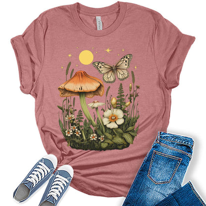 Womens Mushroom Butterfly Tshirts Vintage Tops Cute Floral Wildflower Girls Shirts
