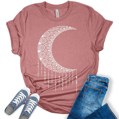 Womens Mandala Crecent Moon Vintage Shirt Casual Bella Graphic Tees Short Sleeve Plus Size Vacation Classic-Fit Summer Tops