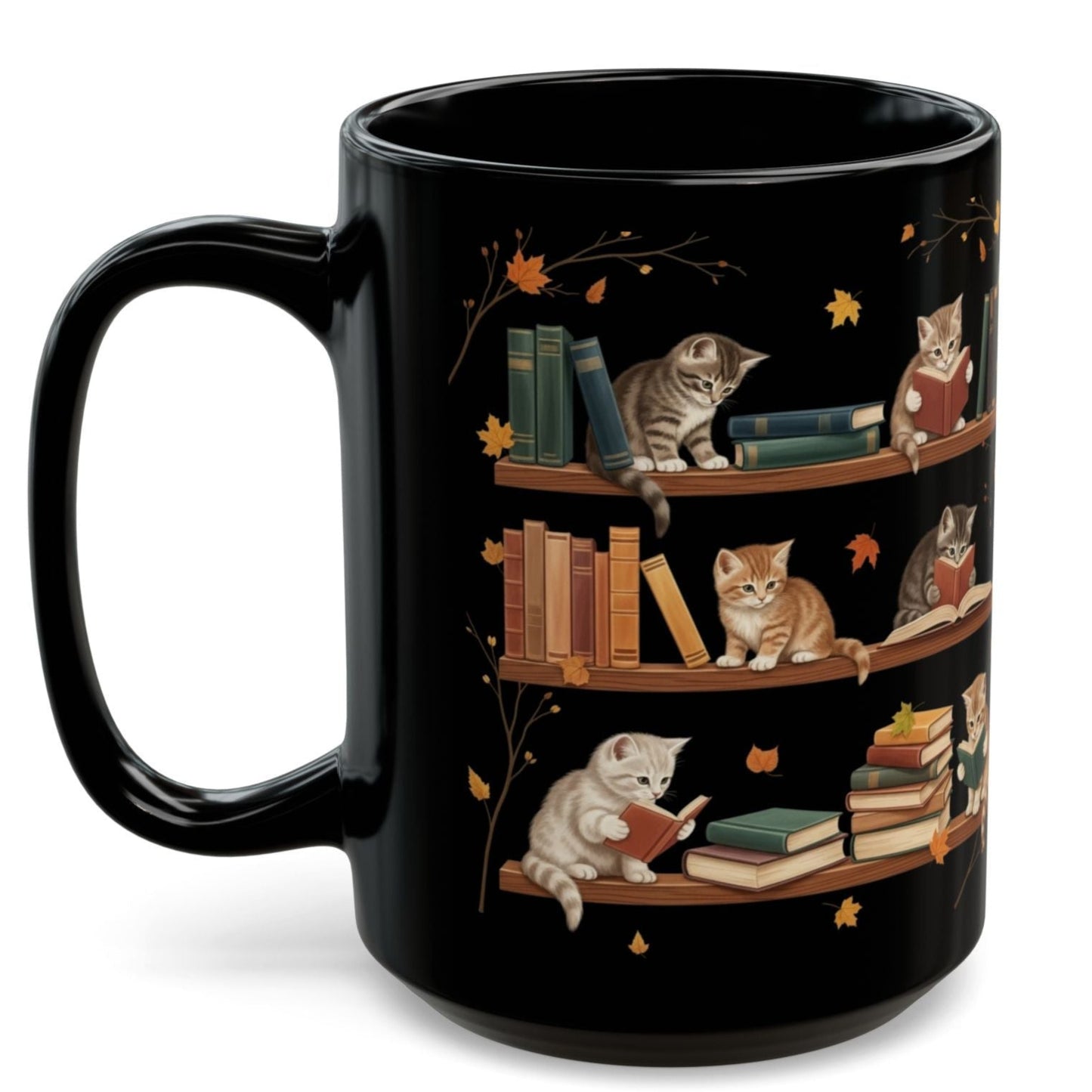 Cute Cats Read Book Mug - Black Coffee Cup Ceramic Mug 15 Oz - Book Gifts For Women Lover - Inspirational Librarian Teacher Present For Halloween