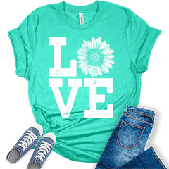 Womens Love Sunflower Shirt Casual Ladies Cute Graphic Tees Spring Short Sleeve Plus Size Summer Tops For Women