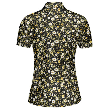 Black Daisy Floral Polo Shirt for Women Yellow Cottagecore Spring Summer Chic Moisture Wicking Short Sleeve Golf Top