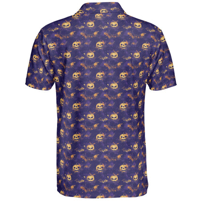 Jack O Lantern Bat Polo Shirt for Men Halloween Pumpkin Funny Spooky Moisture Wicking Golf Top