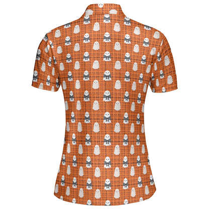 Cute Ghost Halloween Polo Shirt for Women Orange Plaid Moisture Wicking Short Sleeve Golf Top