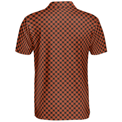 Black and Orange Plaid Polo Shirt for Men Halloween Fall Checkered Pattern Moisture Wicking Short Sleeve Golf Top