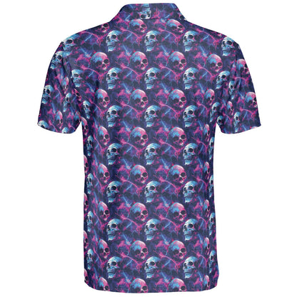 Electric Neon Cosmic Skull Print Halloween Polo Shirt for Men Moisture Wicking Short Sleeve Golf Top