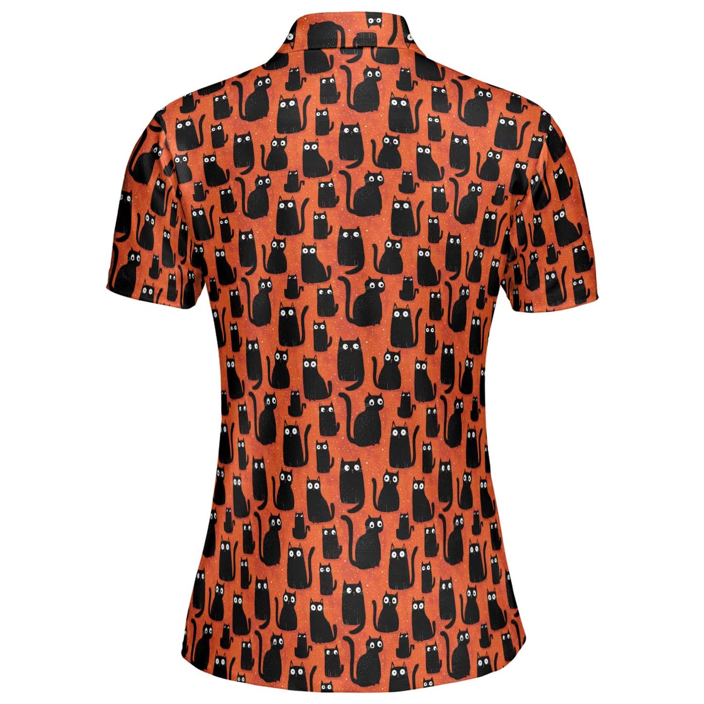 Black Cat Halloween Polo Shirt for Women Orange Spooky Cute Costume Moisture Wicking Short Sleeve Golf Top