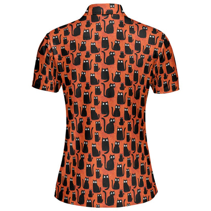 Black Cat Halloween Polo Shirt for Women Orange Spooky Cute Costume Moisture Wicking Short Sleeve Golf Top