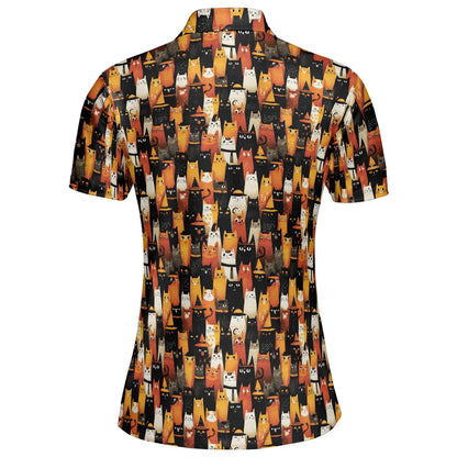 Halloween Cat Polo Shirt for Women Orange Black Witchy Kitty Costume Moisture Wicking Short Sleeve Golf Top
