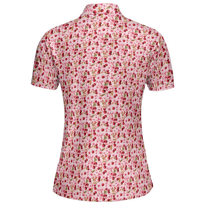 Cherry Blossom Polo Shirt for Women Pink Floral Cottagecore Spring Summer Moisture Wicking Short Sleeve Golf Top