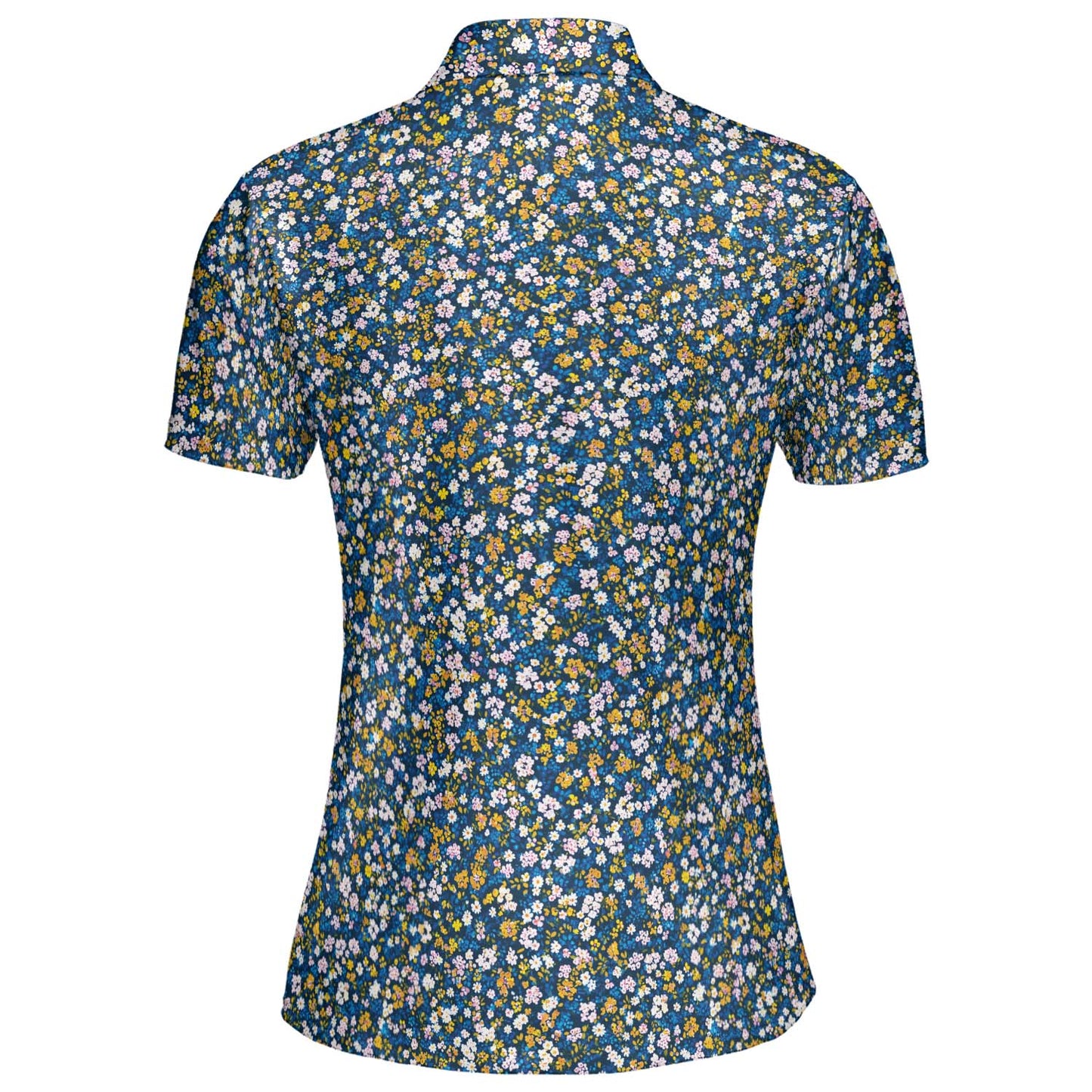 Navy Wildflower Polo Shirt for Women Dark Cottagecore Floral Spring Summer Moisture Wicking Short Sleeve Golf Top