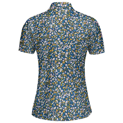 Navy Wildflower Polo Shirt for Women Dark Cottagecore Floral Spring Summer Moisture Wicking Short Sleeve Golf Top