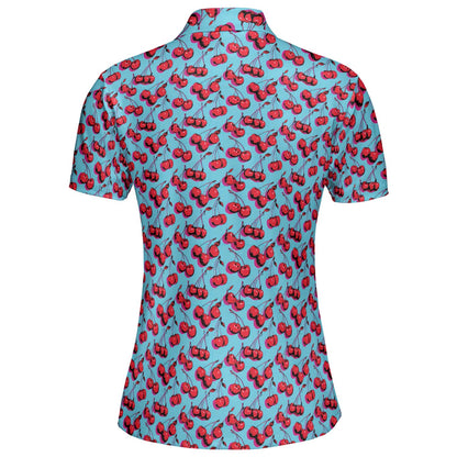 Cherry Print Polo Shirt for Women Blue Retro Y2K Summer Moisture Wicking Short Sleeve Golf Top