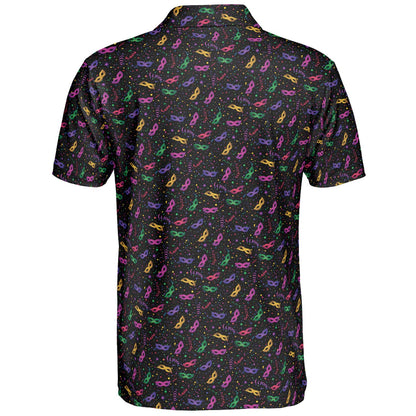 Mardi Gras Party Polo Shirt for Men Mask Confetti Pattern Moisture Wicking Short Sleeve Golf Top