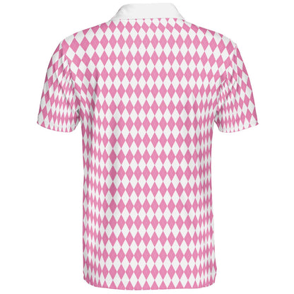 Bavarian Diamond Polo Shirt for Men Pink White Checkered Moisture Wicking Short Sleeve Golf Top